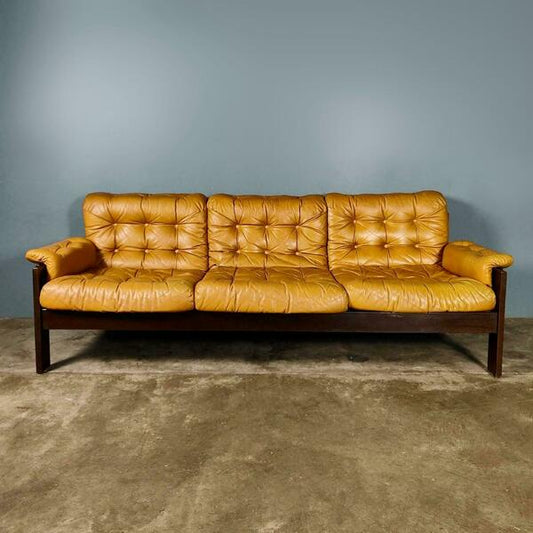 Mid century yellow mustard tan leather three seater sofa