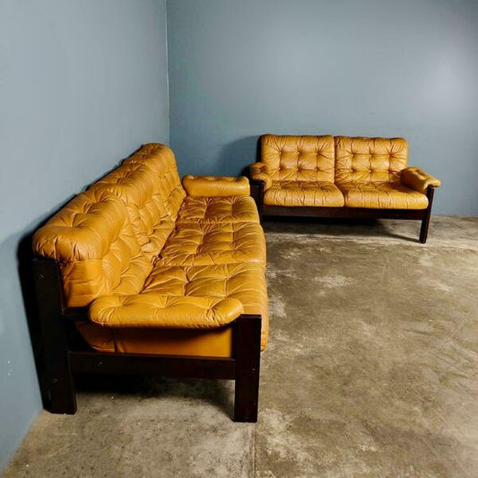 Mid century yellow mustard tan leather three seater sofa